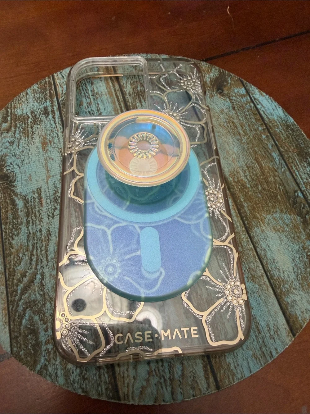 Case-Mate Clear Floral iPhone 15 ProMax Case with Blue PopGrip